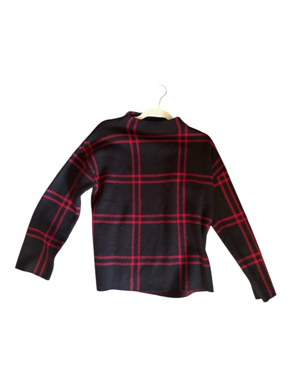Ann Taylor Black Sweater with Red Plaid Pattern Off-the-Shoulder